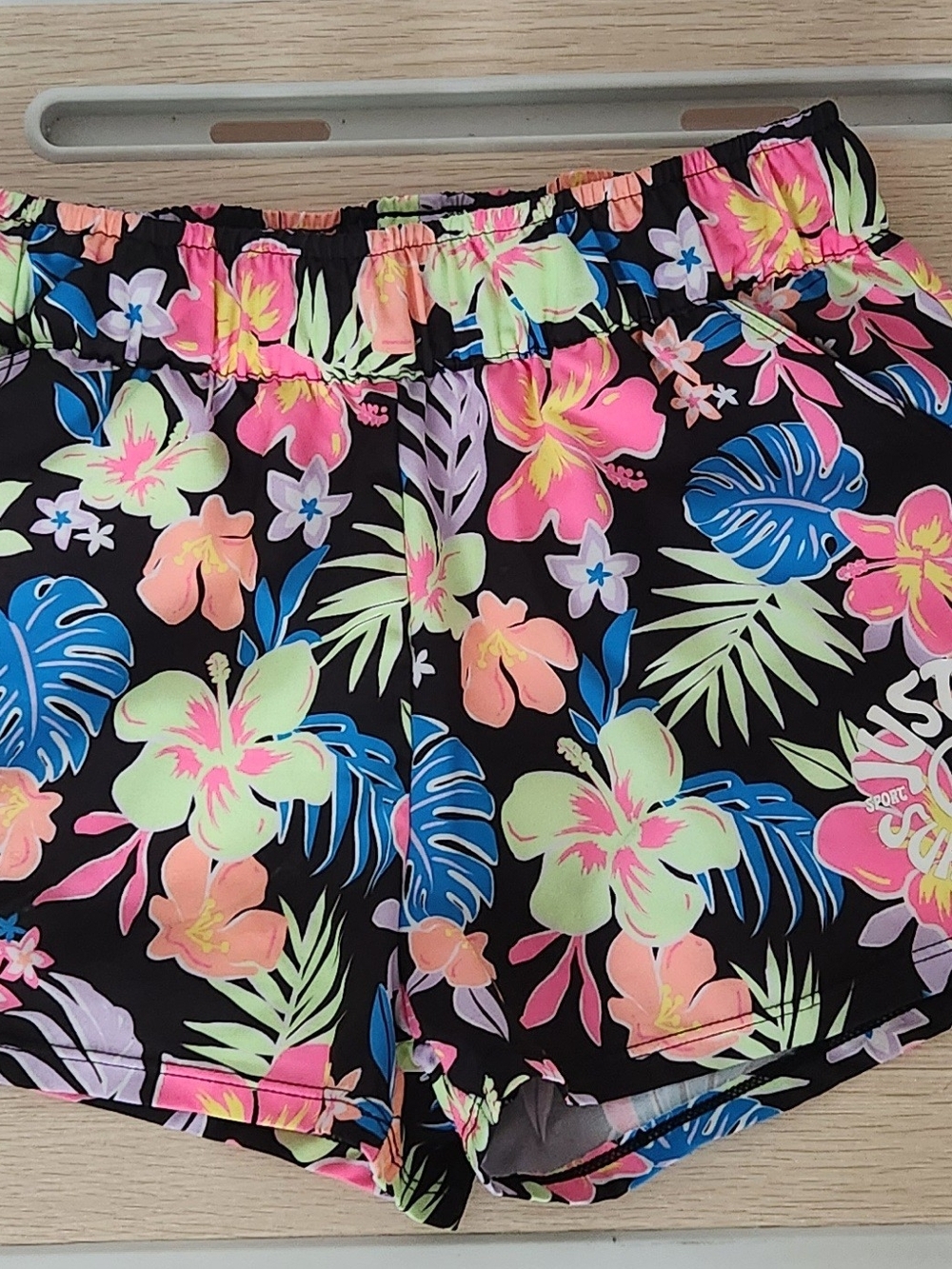 Justice Girls Black Tropical Floral Athletic Shorts with Neon Accents
